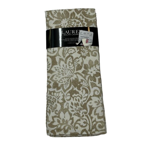 Lauren Ralph Lauren Dsih Towell Tibby Linen Kitchen Set Of 3 Tan Neutral Classic - Picture 1 of 8